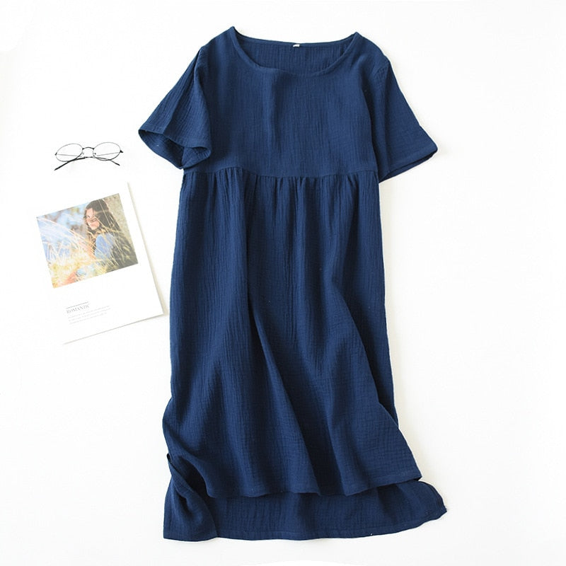 short sleeved women's cotton summer dress short nightgown sleep shirt house dress cotton crepe dresses