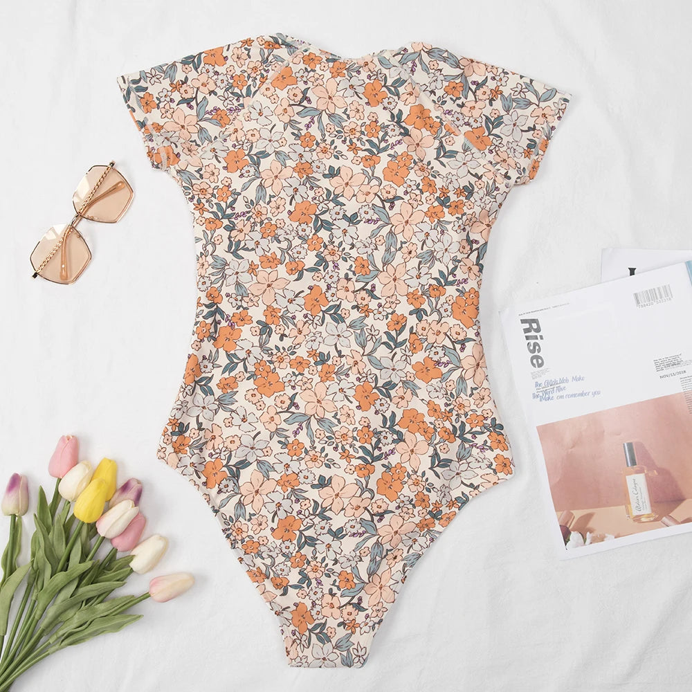 floral print rash guard short sleeved swimsuit women's one-piece swimwear zip up swimsuits