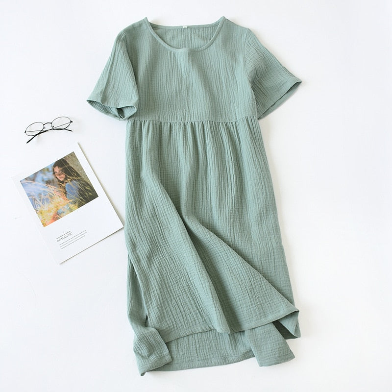 short sleeved women's cotton summer dress short nightgown sleep shirt house dress cotton crepe dresses