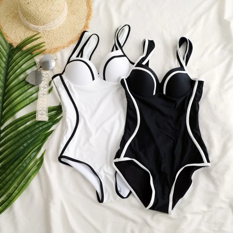 classic black white retro vintage one piece swimsuit women's full-coverage swimwear