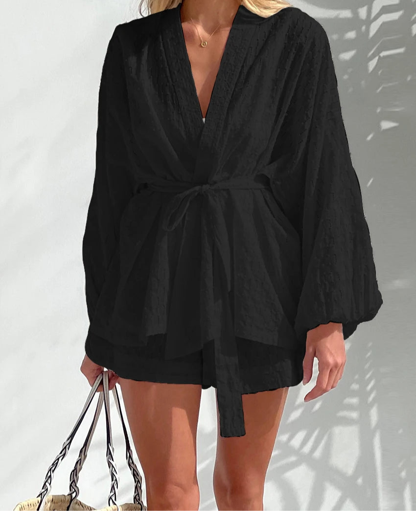 Belted Robe Top Short Set