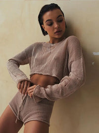 deconstructed knit crop top sweater knit shorts matching set women's loungewear sexy knitwear knit top knit shorts