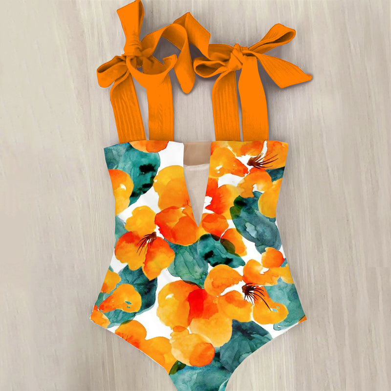 orange flowers one-piece swimsuit womens wide straps bow tie swimwear full coverage swimsuit