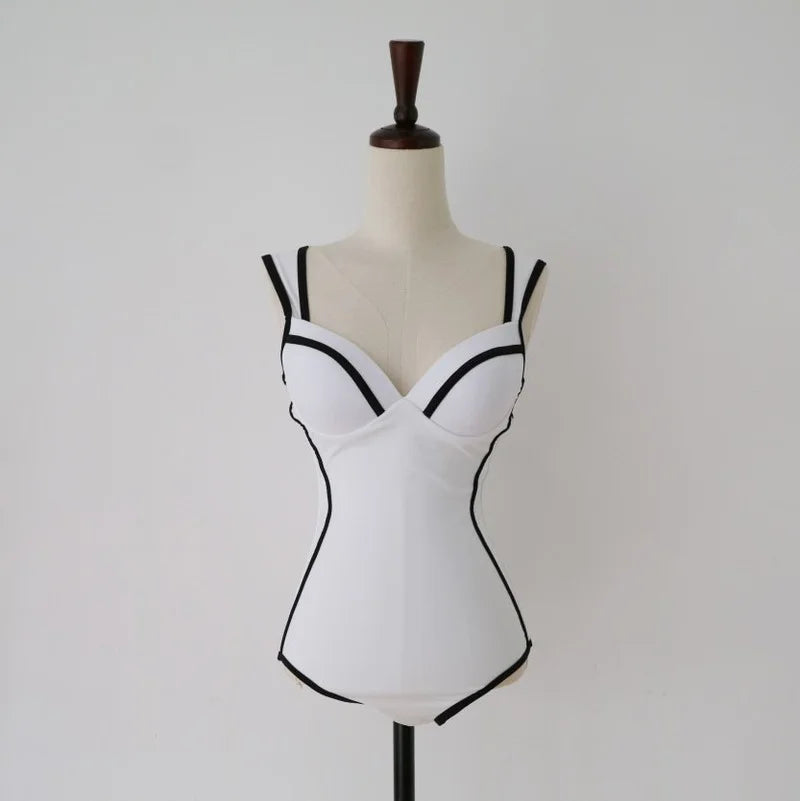 classic black white retro vintage one piece swimsuit women's full-coverage swimwear