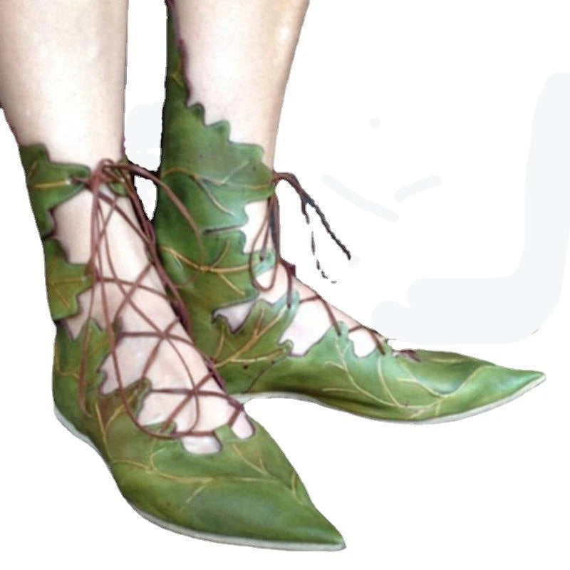 medieval lace up elf shoes witch shoes leaf shoes for women