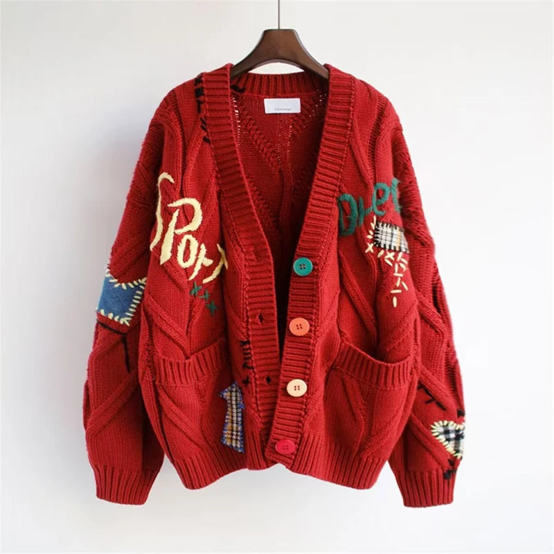 oversized cardigan women's knitwear embroidered sweaters cableknit sweater big cozy winter cardigan