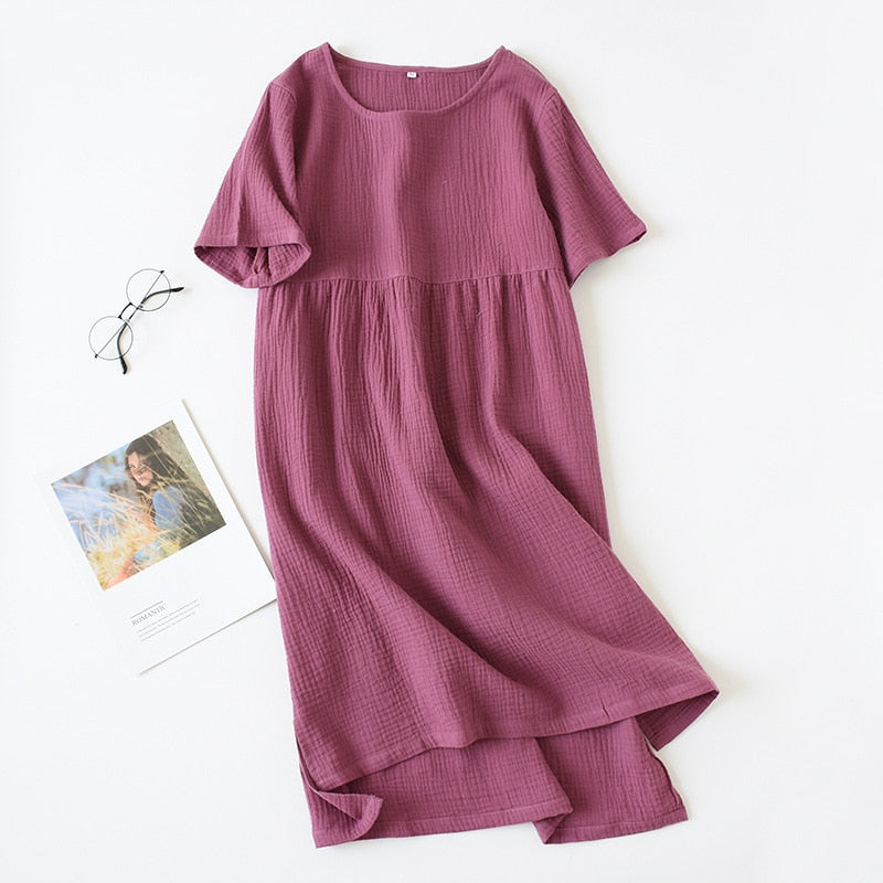 short sleeved women's cotton summer dress short nightgown sleep shirt house dress cotton crepe dresses