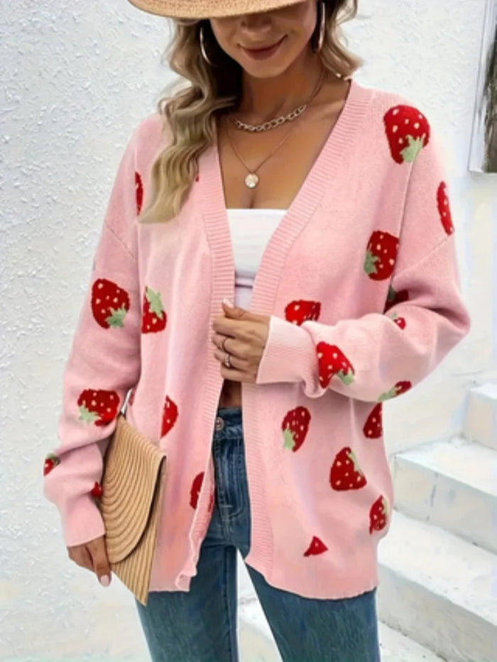 pink strawberry cardigan fruit pattern sweaters for women pink knitwear feminine sweater open cardigan oversized sweater for winter