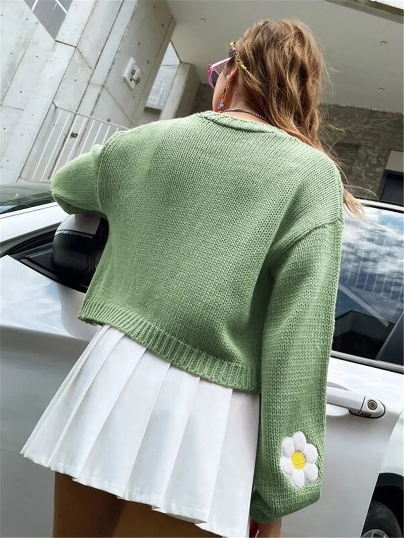 flower cardigan daisy sweater for women cute cropped sweaters embroidered cardi pastel knitwear