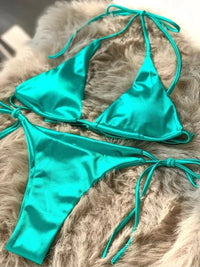 satin bikini metallic swimsuits women's string bikini high-cut swimwear shiny satin swimsuit