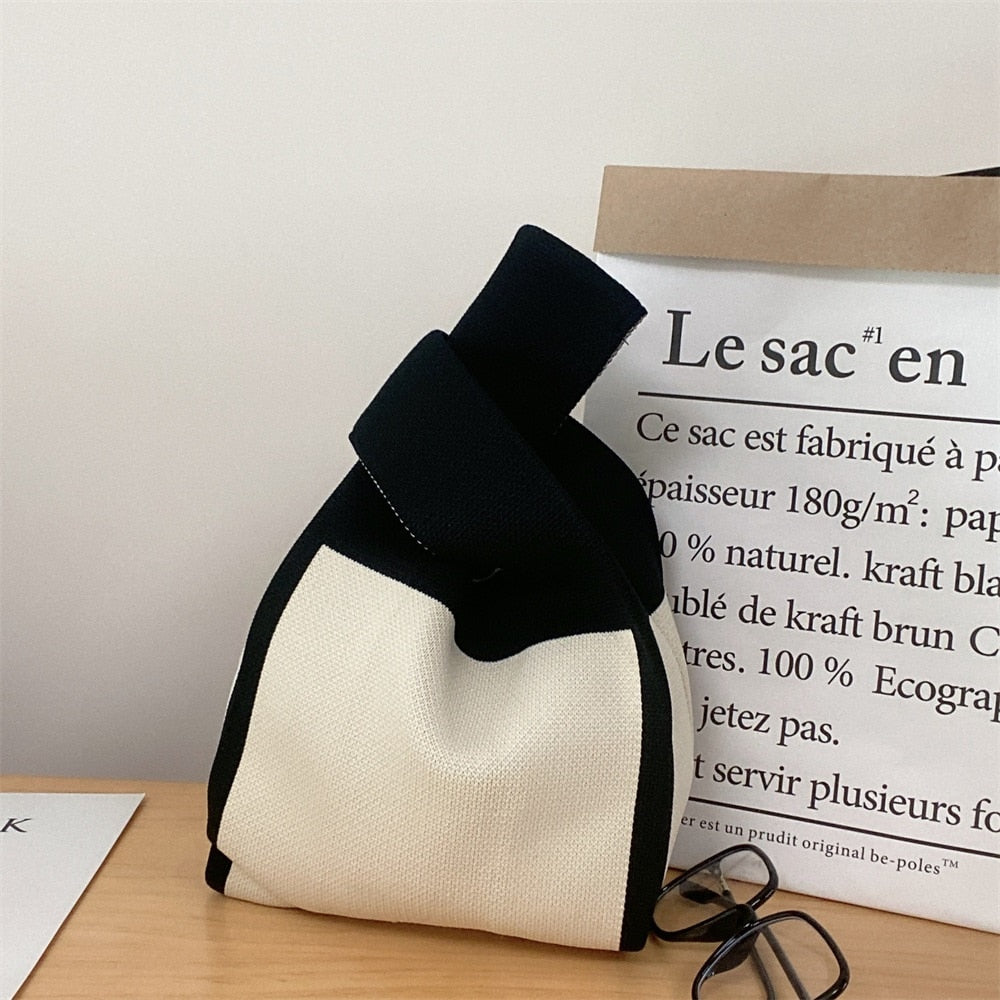 knit japanese knot bags black and white color block handbags for women cute small wristlets knit purse