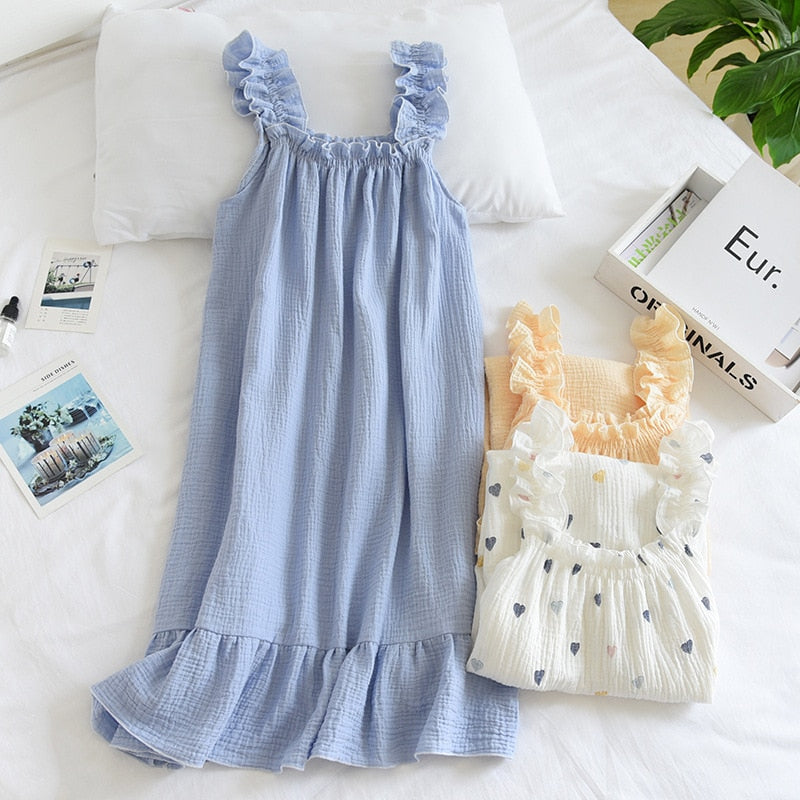 cottagecore nightgown summer cotton crepe women's pajamas simple girly sleepwear